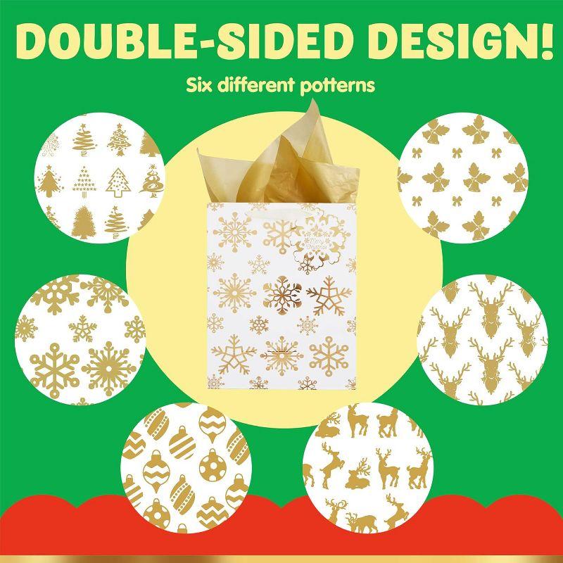 Gold Foil Christmas Gift Bags with Tags and Tissue Paper, 12 Pack