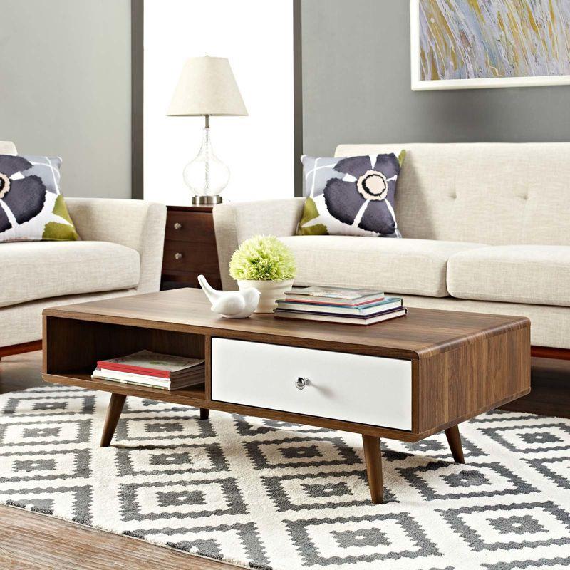 Transmit Coffee Table Walnut White - Modway: Mid-Century Modern, Storage, Tapered Legs