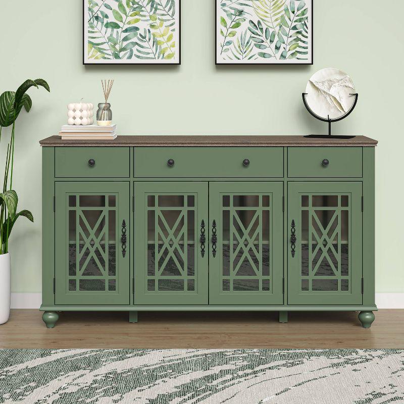 Festivo 63" Green Vintage Style Buffet Sideboard with Glass Doors