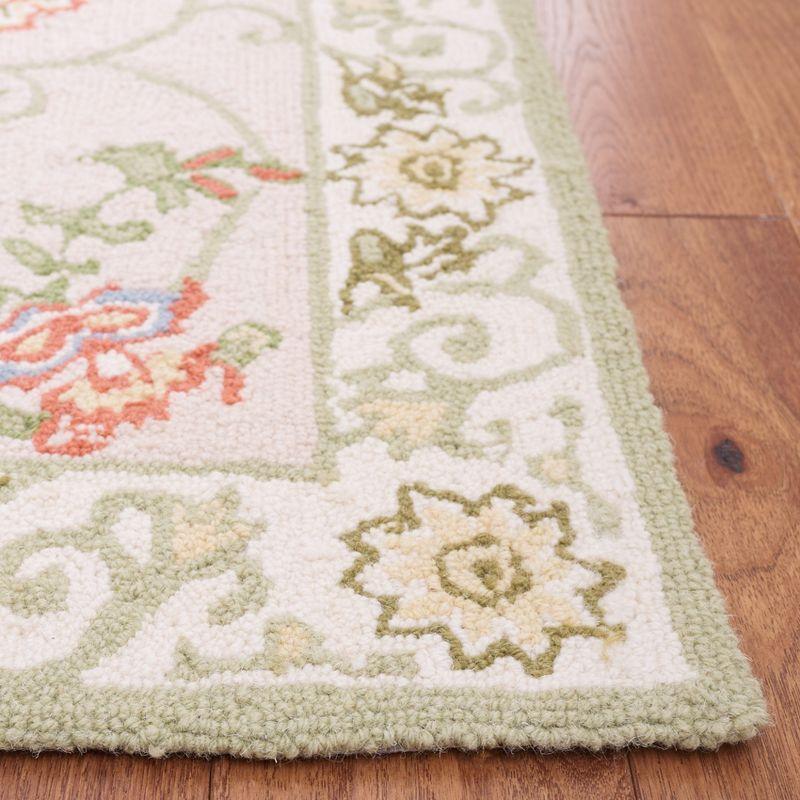 Beige and Green Hand-Hooked Wool Floral Area Rug