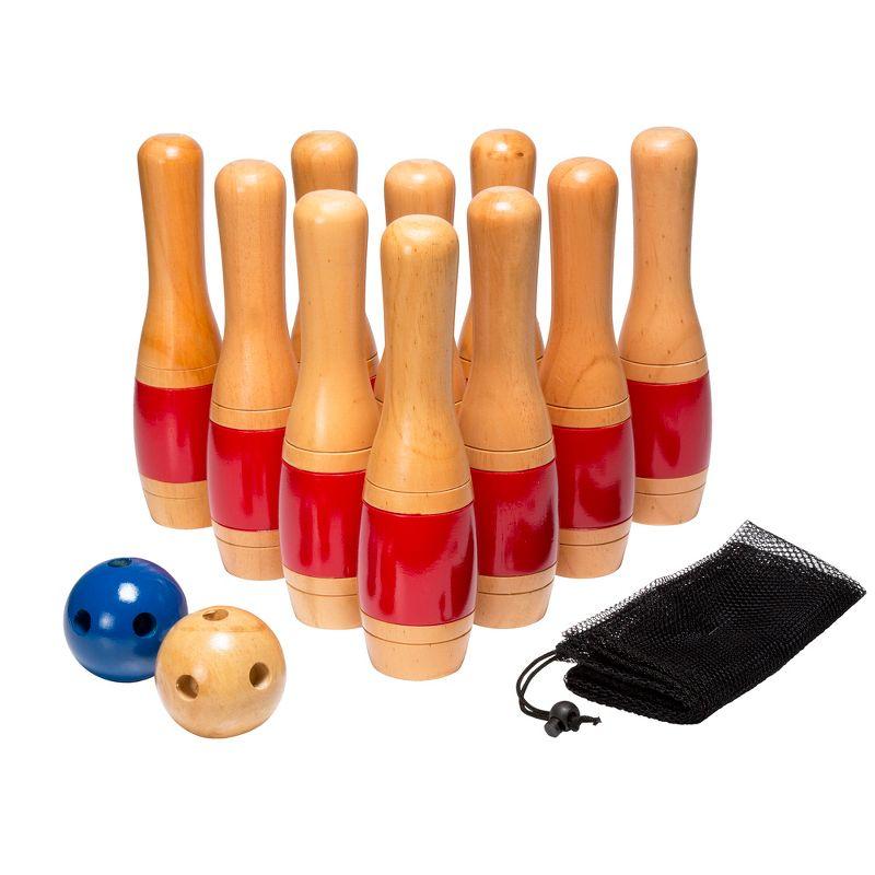 Red and Natural Wooden Lawn Bowling Game Set with Mesh Bag