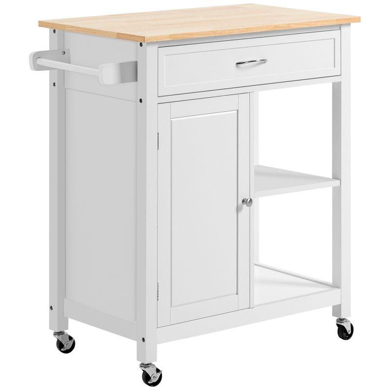 HOMCOM Rolling Kitchen Cart with Wood Top, Kitchen Island with Storage Drawer on Wheels for Dining Room, White