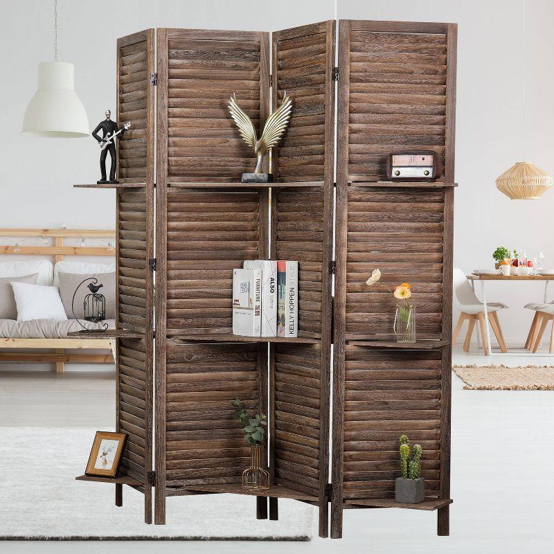 Proman Products Rancho 4 Shelf Panel Folding Screen Room Partition Paulownia Wood: Privacy Screen with Storage, No Assembly