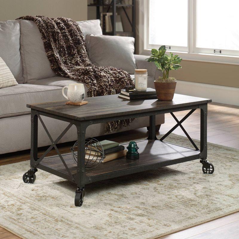 Carbon Oak Rectangular Mobile Coffee Table with Metal Frame