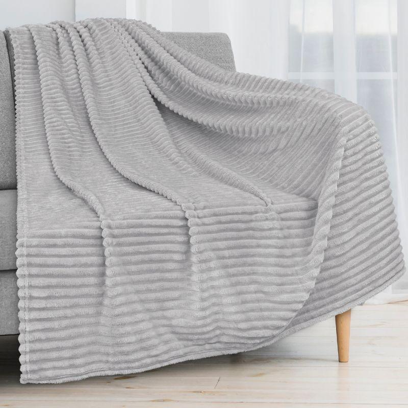 PAVILIA Super Soft Fleece Flannel Ribbed Striped Throw Blanket, Luxury Fuzzy Plush Warm Cozy for Sofa Couch Bed