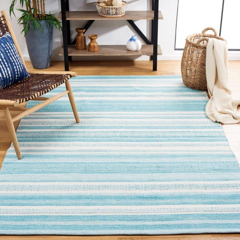 Ivory and Turquoise Striped 4' x 6' Flat Woven Wool Rug