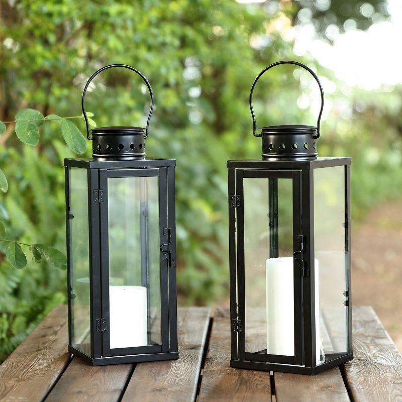 Black Iron and Glass Hanging Candle Lantern Set