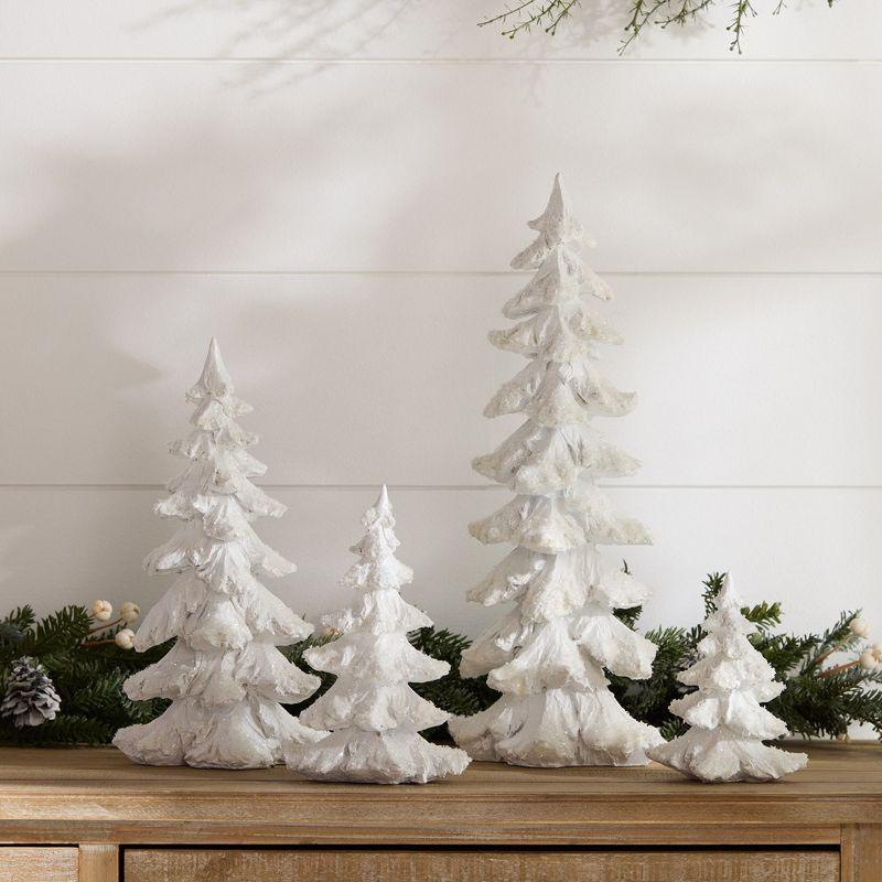 Flocked White Pine Tree with Carved Design (Set of 4)