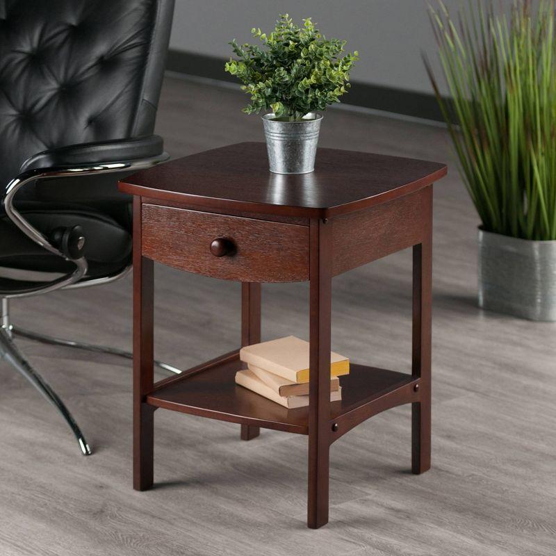 Winsome End Table Walnut: Hardwood Frame, MDF Top, Rectangular Side Table with Shelf & Drawer