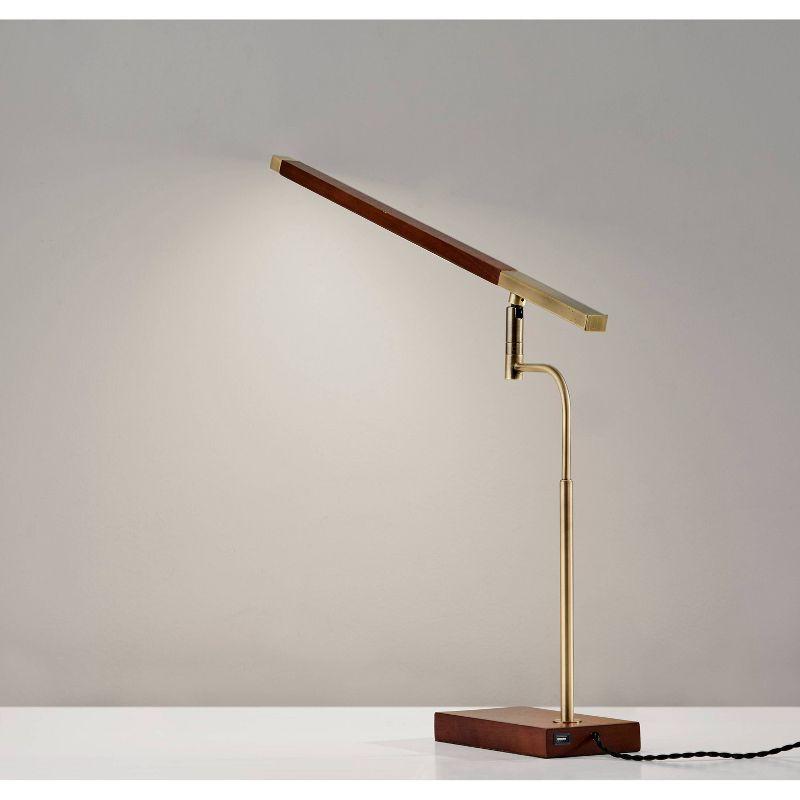 Walnut and Antique Brass Adjustable LED Desk Lamp with USB Port