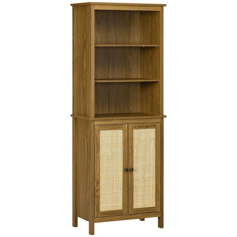 Rustic Walnut Wood Bookcase with Adjustable Rattan Shelves
