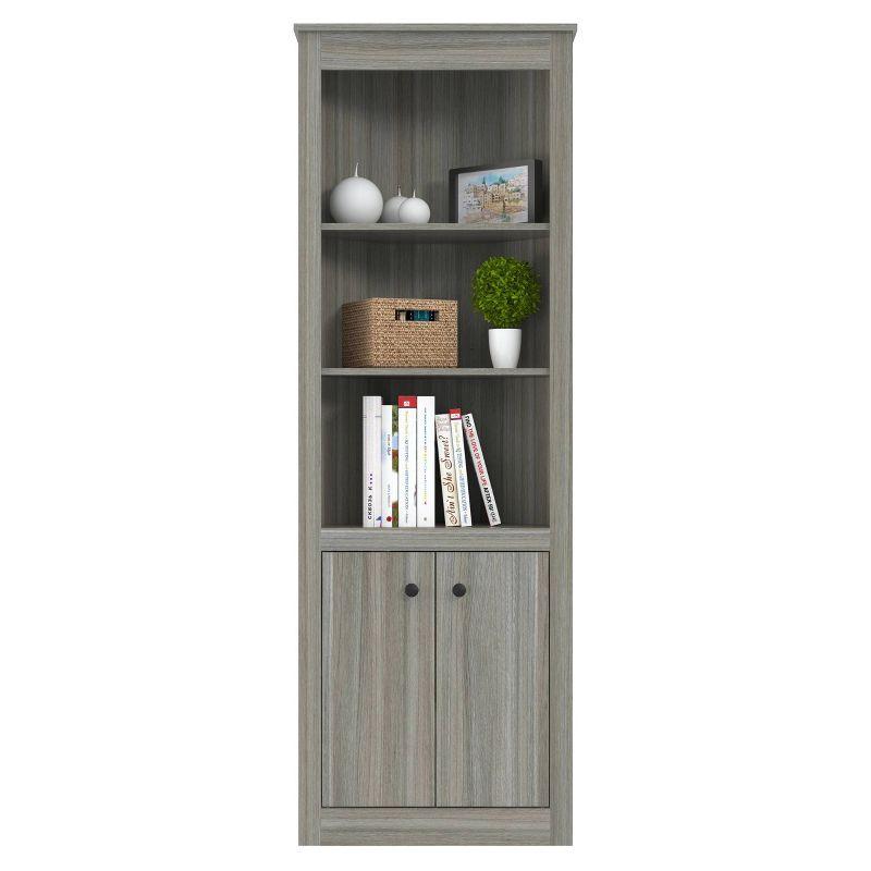 70.02" Corner Bookshelf Gray - Inval: Modern Smoke Oak, 3 Shelves, Double Door Storage