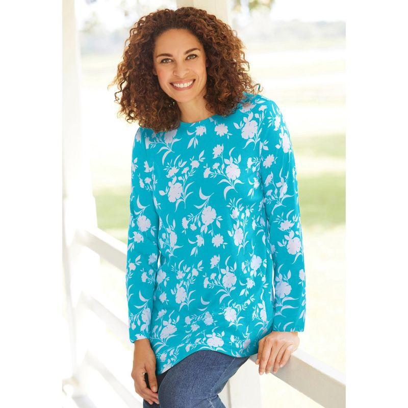 Woman Within Women's Plus Size Perfect Printed Long-Sleeve Crewneck Tunic