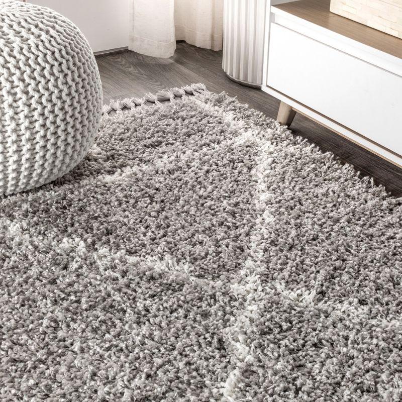2'x8' Mercer Shag Plush Tassel Moroccan Geometric Trellis Area Rug, Grey/Cream - JONATHAN Y