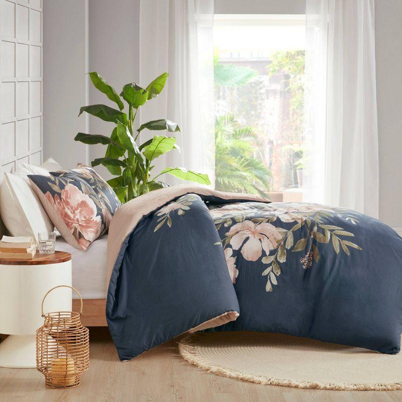 Camillia Navy Floral Cotton Full/Queen Duvet Cover Set