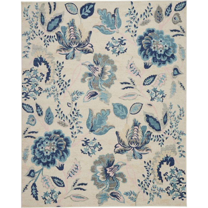 Elegant Ivory and Light Blue Floral 8' x 10' Synthetic Area Rug