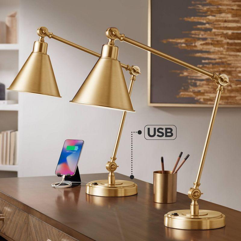 360 Lighting Wray 26 3/4" Tall Modern Desk Lamps Set of 2 USB Port Adjustable Warm Antique Gold Finish Metal Home Office Living Room Charging Bedroom