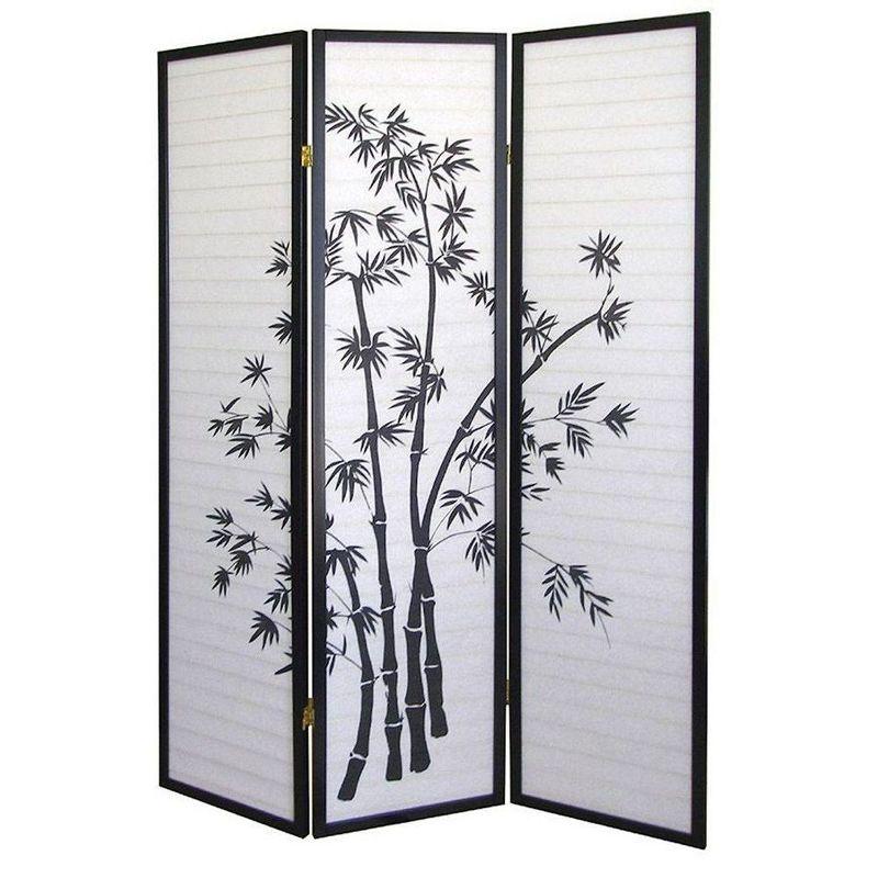 Legacy Decor 3 Panel Black Bamboo Print Oriental Privacy Shoji Screen Room Divider