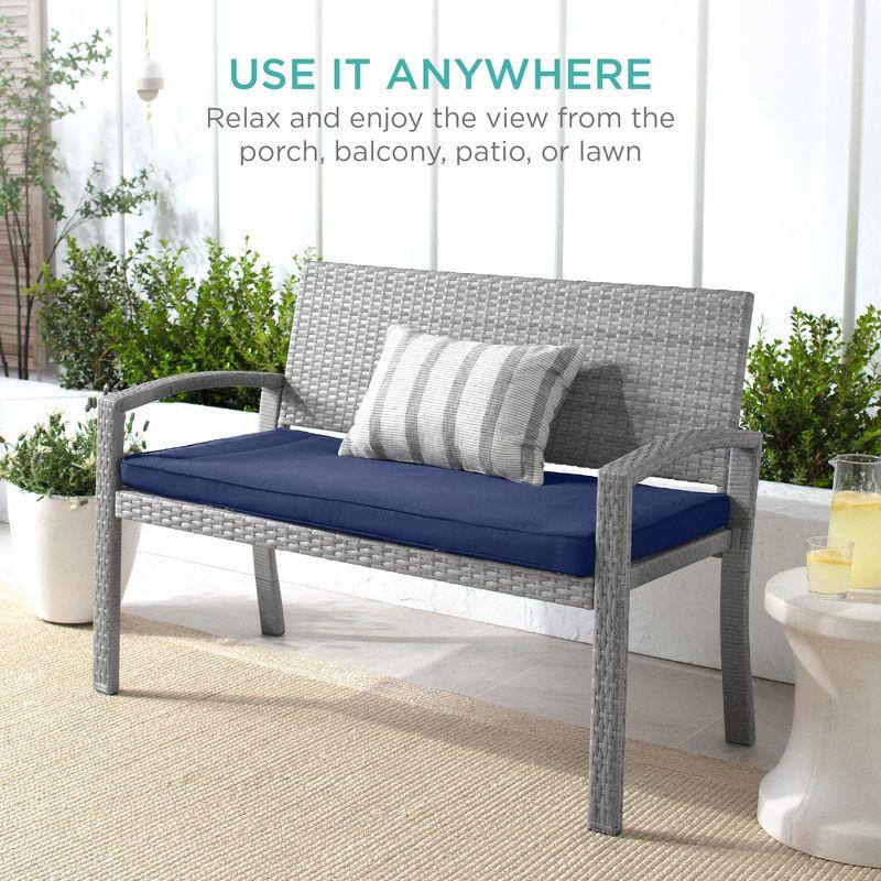 Gray Wicker 2-Person Outdoor Bench with Navy Cushion