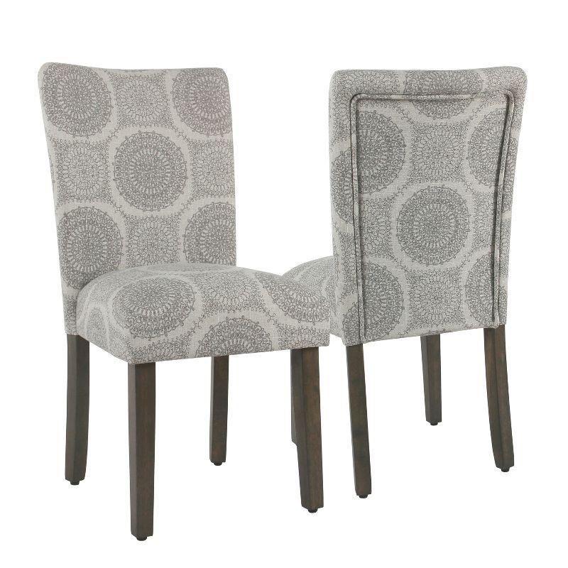 Gray Medallion Upholstered Parsons Side Chair Set with Wood Legs