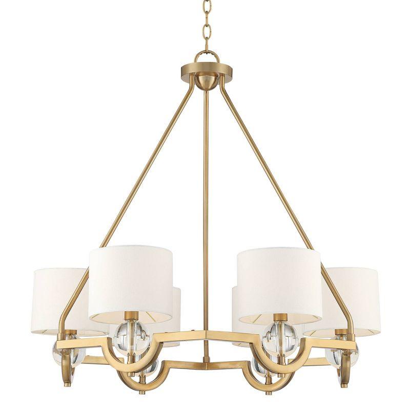 Warm Brass and Crystal 33" Chandelier with Off-White Drum Shades