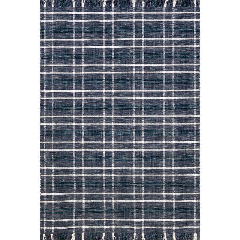 Blue and White Plaid Wool Fringe 5' x 8' Area Rug