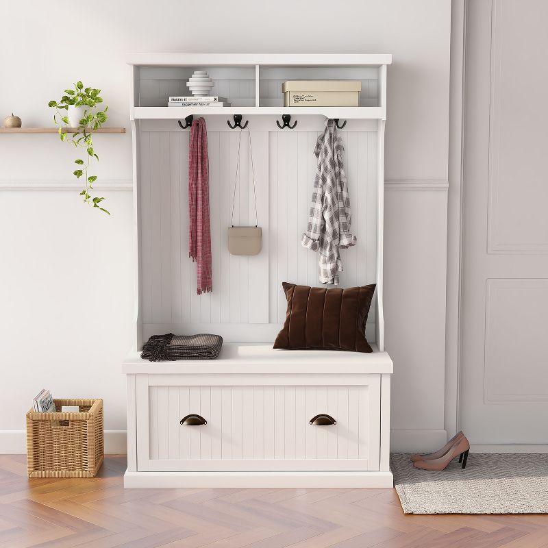 White Wood Hall Tree with Storage Bench and Hooks