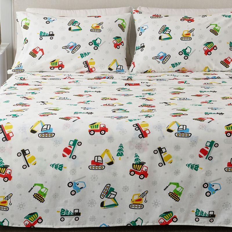 100% Cotton Christmas Flannel Sheets - Great Bay Home (Twin, Christmas Toy Trucks)