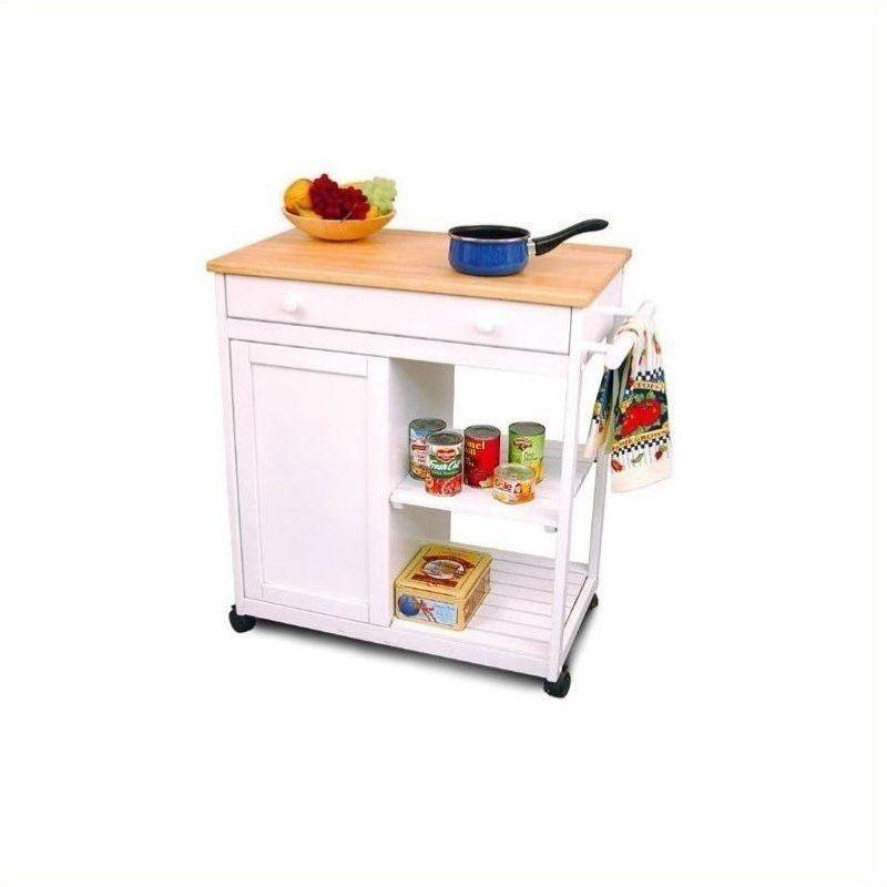 White Hardwood Kitchen Cart with Butcher Block Top and Storage