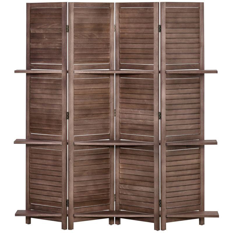 HOMCOM 4-Panel Folding Room Divider, 5.6 Ft Freestanding Paulownia Wood Privacy Screen Panel with Storage Shelves for Bedroom or Office, Walnut
