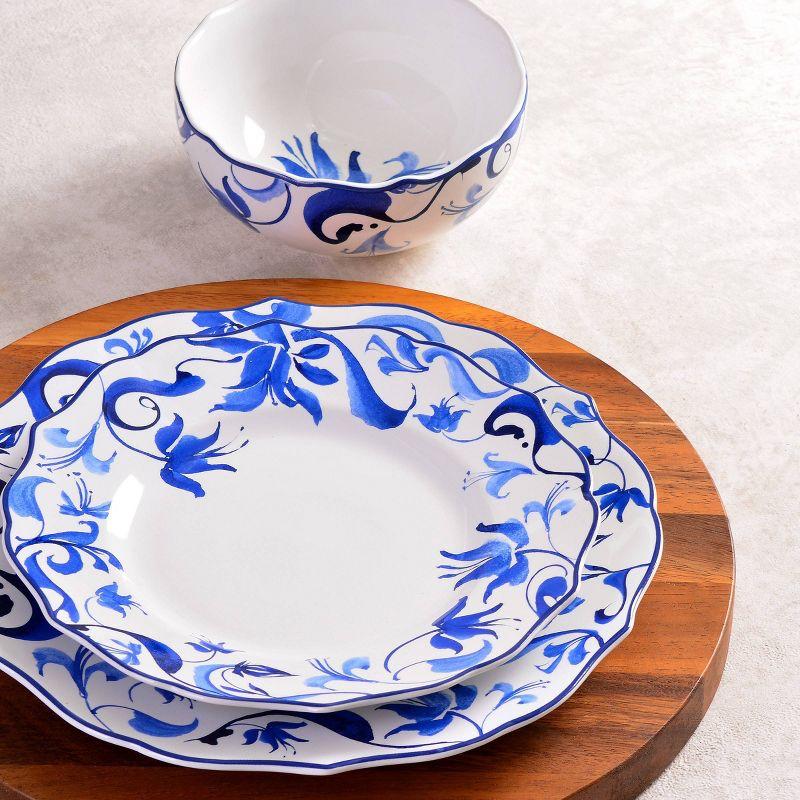 222 Fifth 12pc Ayla Dinnerware Set Reactive Blue: Porcelain, Floral Pattern, Vintage Style, Dishwasher & Microwave Safe