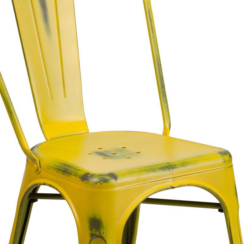 Distressed Yellow Metal Armless Indoor-Outdoor Stackable Chair