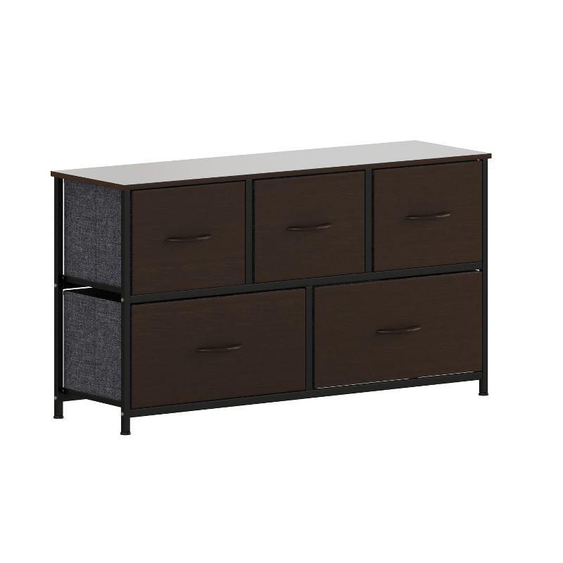Emma and Oliver 5 Drawer Storage Dresser with Black Cast Iron Frame, Brown Wood Top and Brown Easy Pull Engineered Wood Drawers with Wooden Handles
