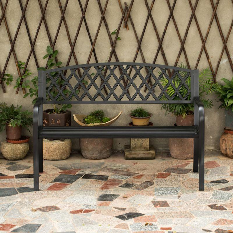 Gardenised Black Outdoor Garden Patio Steel Park Bench Lawn Decor with Cast Iron Back Seating bench, with Backrest and Armrest