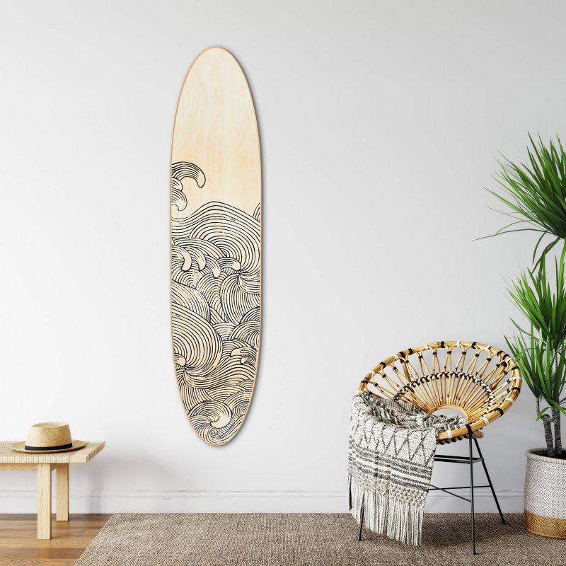 Storied Home Lacquered Wood Surfboard Wall Decor with Waves Hangs Vertical or Horizontal: Matte Finish, Abstract Pattern