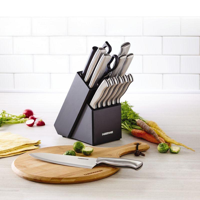 Farberware 15pc Stainless Steel Knife Block Set: Kitchen Knife Set with Block, Serrated Blades, Hand Wash, Silver
