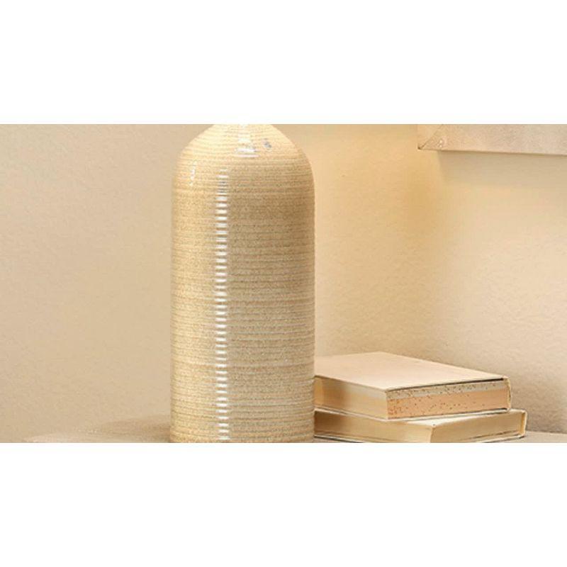 Taupe Ceramic Table Lamp with Silver Accents and Linen Shade