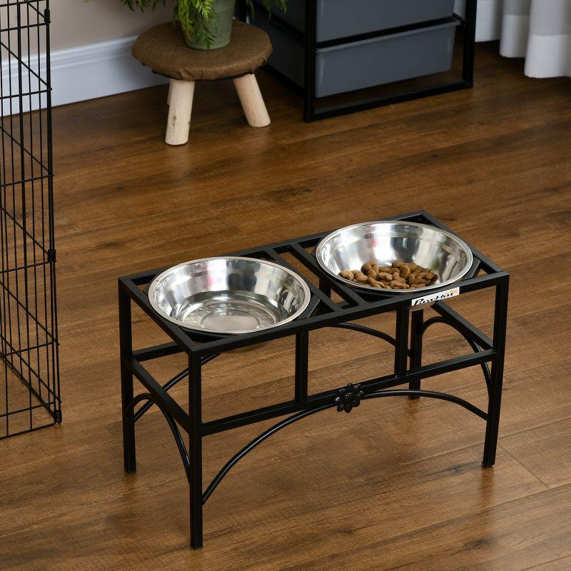 PawHut 22'' Elevated Black Iron Dog Feeding Station with Stainless Steel Bowls