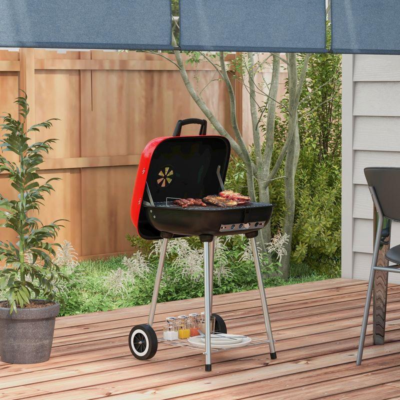 Outsunny 18" Portable Charcoal Grill with Wheels, Bottom Shelf and Adjustable Vents for Picnic, Camping, Backyard Cooking, Red