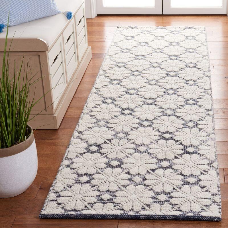 Ivory & Navy Handwoven Wool-Cotton-Silk Blend Runner Rug