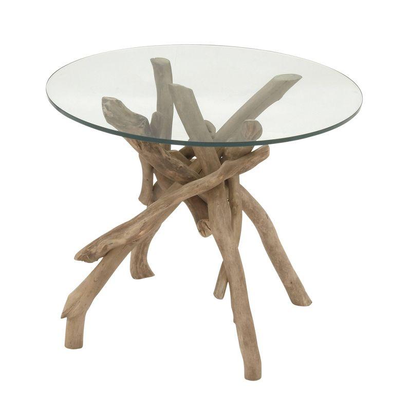 Log and Glass Round Accent Table Tan - Olivia & May: Handmade, No Assembly, Indoor Use