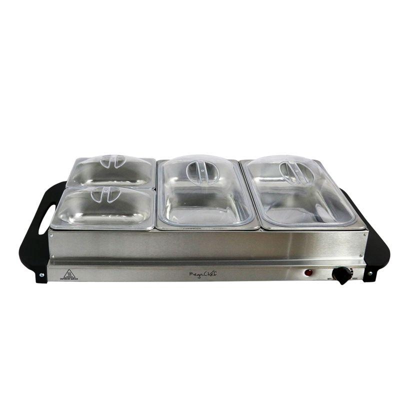 MegaChef Buffet Server & Food Warmer With 3 Sectional Trays: Stainless Steel Chafing Dish, 4.5L Capacity, Temperature Control