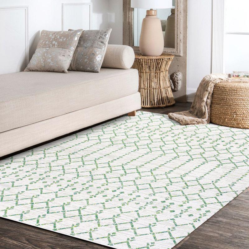 3' x 5' Ourika Moroccan Geometric Textured Weave Indoor/Outdoor Area Rug, Green/Ivory - JONATHAN Y