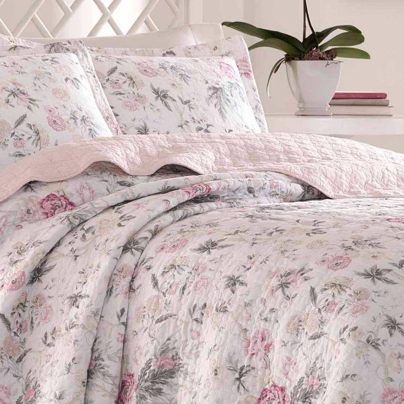 Vintage Cottage Pink & Gray Floral Cotton Quilt Set - Full/Queen