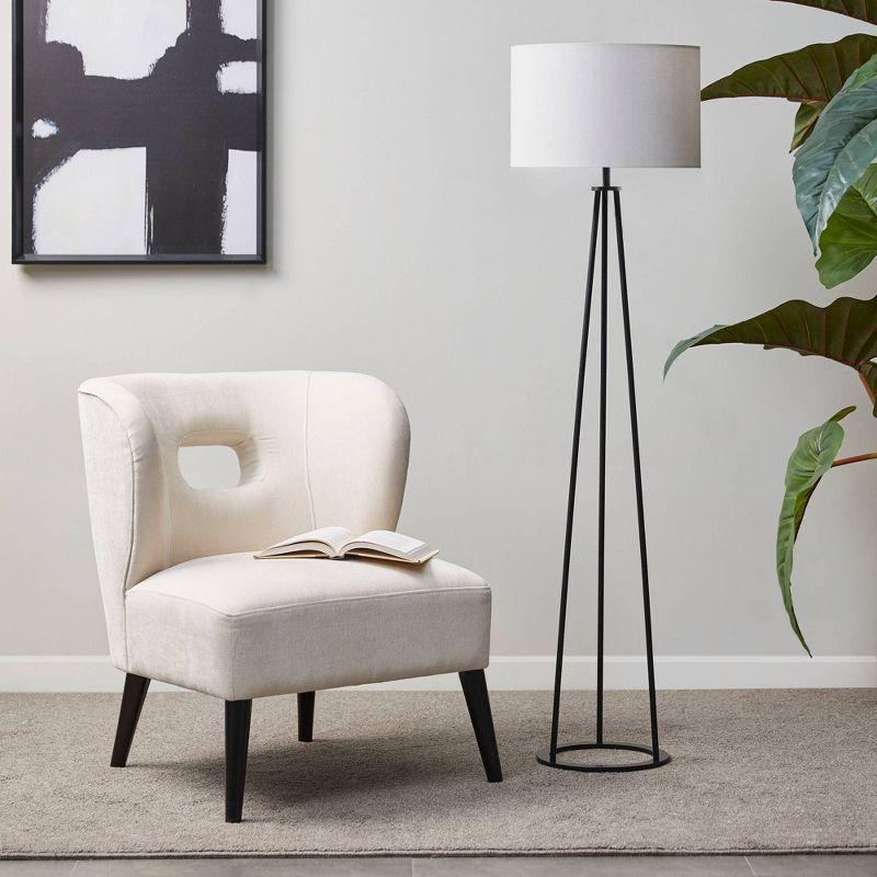 Clyde 60" Black Metal Tripod Floor Lamp with White Linen Shade