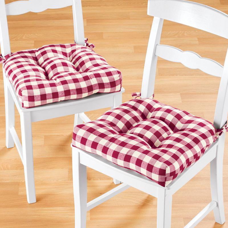 Burgundy Buffalo Check Tufted Chair Cushions, 16" x 15" x 3", Set of 2