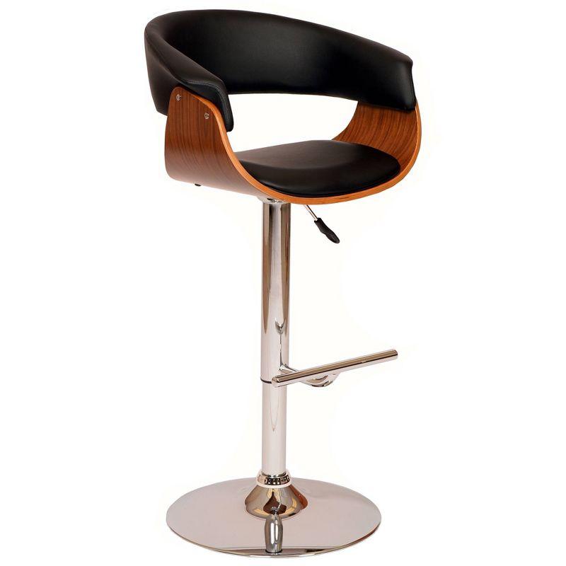 Contemporary Black Leather Adjustable Swivel Barstool with Walnut Accents