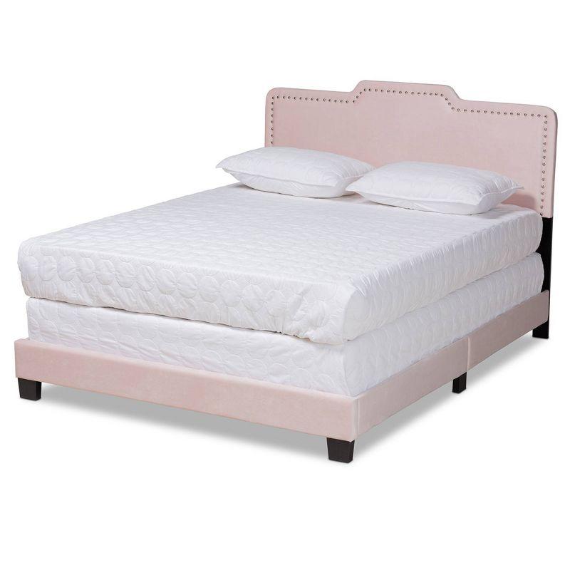 Luxurious Light Pink Velvet Full Bed with Nailhead Trim and Upholstered Headboard