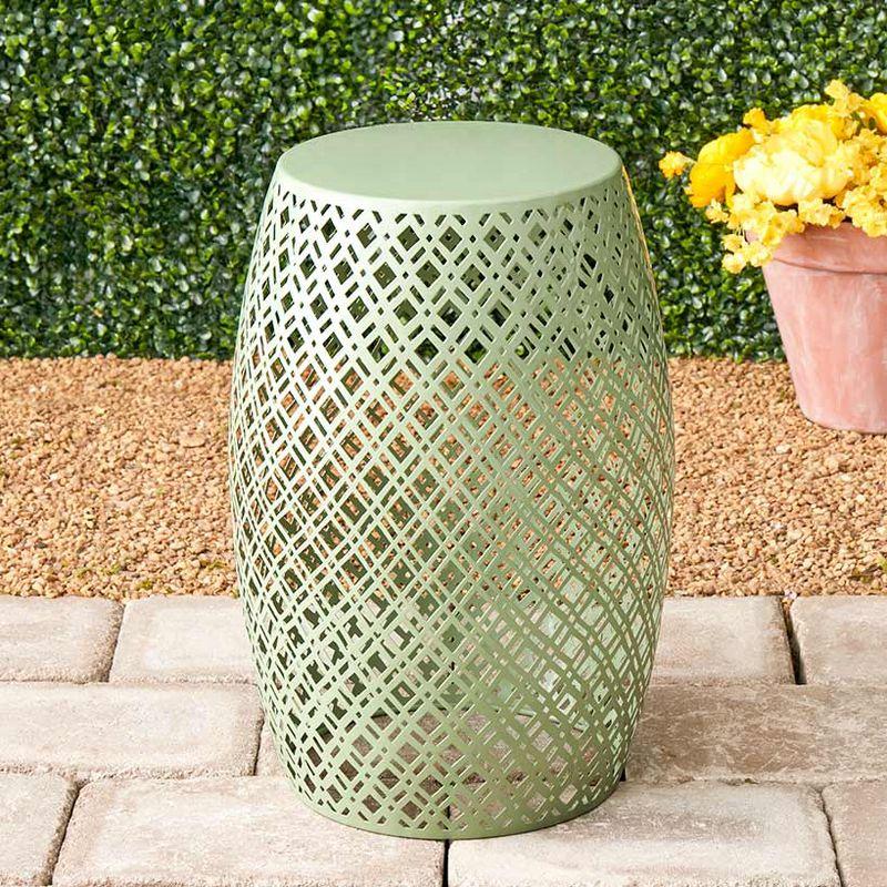 Green Metal Barrel Stool with Lattice Design