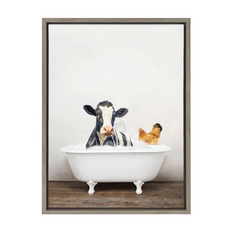 18" x 24" Sylvie Cow and Chicken in Rustic Bath Frame Canvas by Amy Peterson Gray - Kate & Laurel All Things Decor